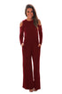 Sexy Burgundy Ruffle Cold Shoulder Long Sleeve Jumpsuit